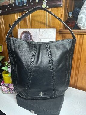 orYANY Black Leather Shoulder Hobo with Braided Stitching